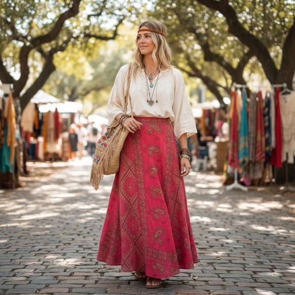 Vintage Boho Wrap Skirt Pink Paisley Hippie Maxi, Sunita, S/M Fit Hippy Boho - Picture 12 of 12